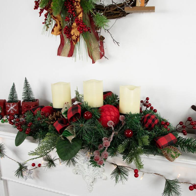 30" Green Pine Triple Candle Holder with Bows and Plaid Christmas Ornaments