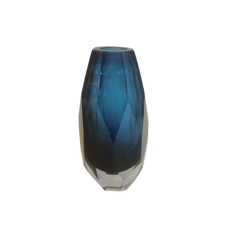 Blue Art Deco Cut Glass Vase with Faceted Base Modern Decor Accent - Blue