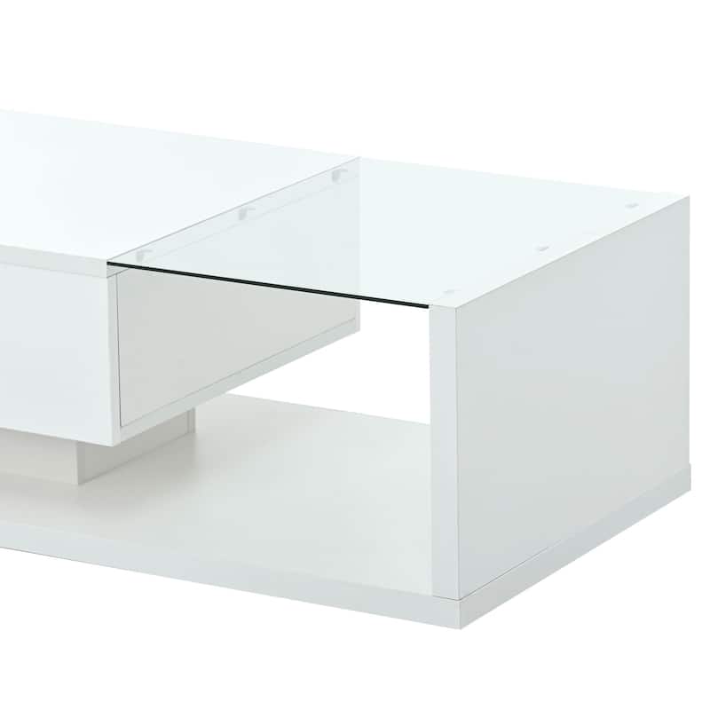 Roomfitters Modern Coffee Table with Tempered Glass Top, High Gloss 2-Tier Rectangle Center Table for Living Room