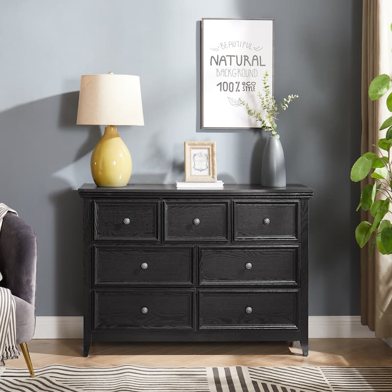 Farmhouse Style 7-Drawer Wood Dresser and Chest of Drawers for Bedroom - Black