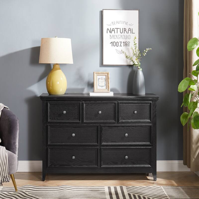 Modern Farmhouse Dresser Chest Drawers Cabinet with 7 Drawers Metal Slides Metal Handles, for Bedroom Living Room Hallway, Black - Black
