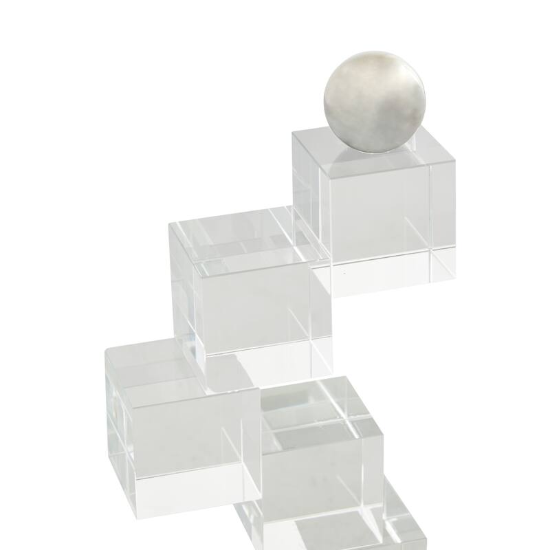 Clear Glass Stacked Squares Decorative Bookends with Silver Orbs (Set of 2)