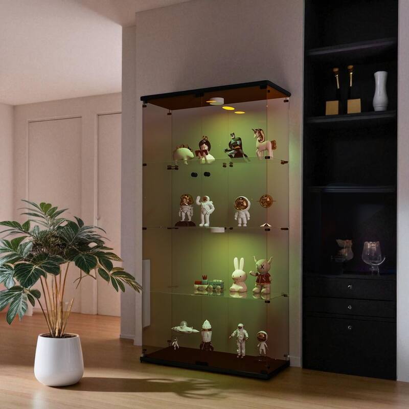 Lighted Two-Door Glass Display Cabinet with 4 Shelves, Tempered Glass and Security Lock