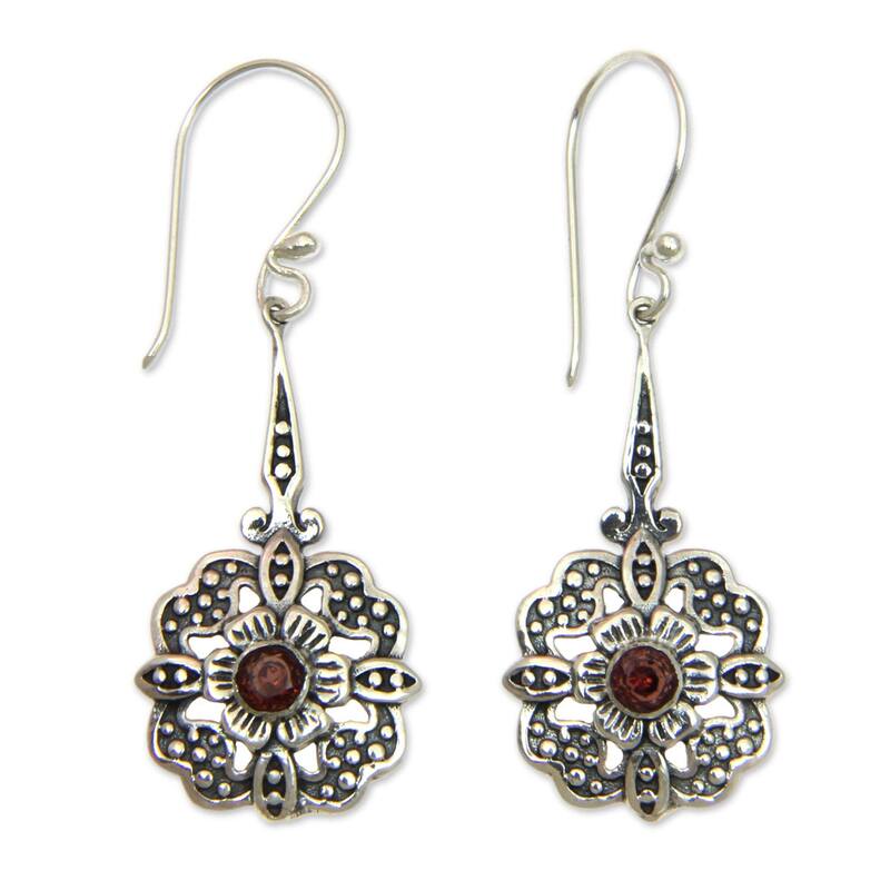 Sterling Silver 'Red Rafflesia' Garnet Earrings (Indonesia) - White - Red