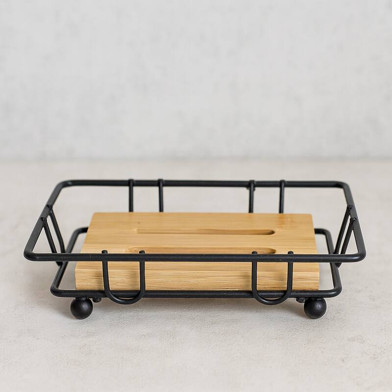 Bathroom Soap Dish Bamboo Tray Metal Wire - 4.14" L x 3.4" W x 1.4" H