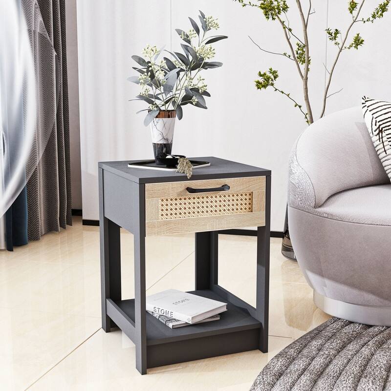 15.75" Rattan Side table with Drawer
