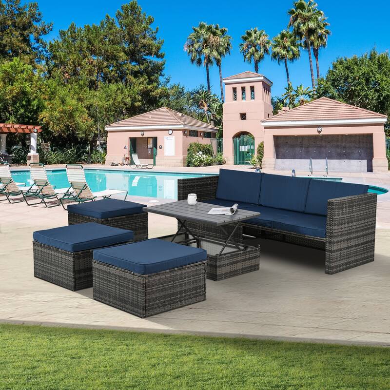 5 Piece Outdoor PE Wicker Sofa Set, Patio Conversation Furniture Set with Lift TOP Coffee Table and Lounger Sofa - Blue