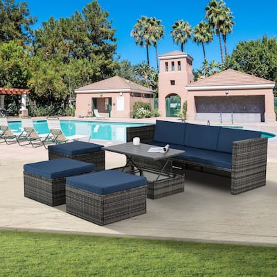 GDFStudio - 5-Piece Outdoor PE Wicker Patio Set with Lift-Top Plywood Coffee Table & Lounger Sofa