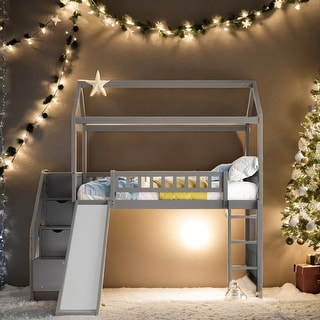 Twin Loft Bed with Two Drawers and Slide, House Bed with Slide - Bed ...