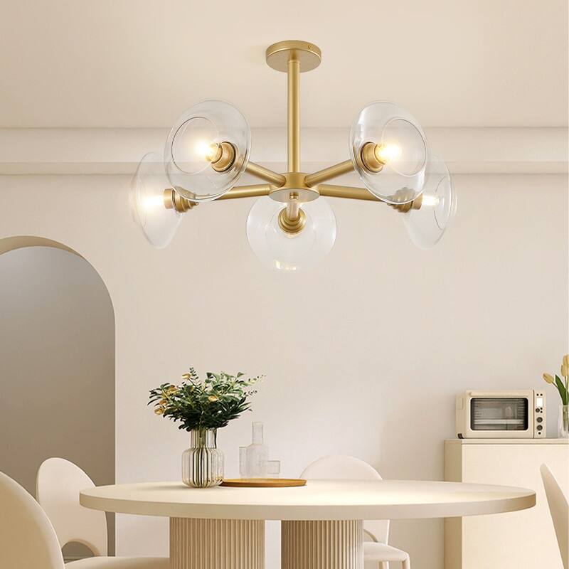 Modern Gold Sputnik Chandelier with Clear Glass Shades, Mid-Century Hanging Pendant Light Fixture for Dining Room. - 26"