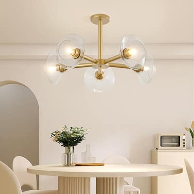 Modern Gold Sputnik Chandelier with Clear Glass Shades, Mid-Century Hanging Pendant Light Fixture for Dining Room.