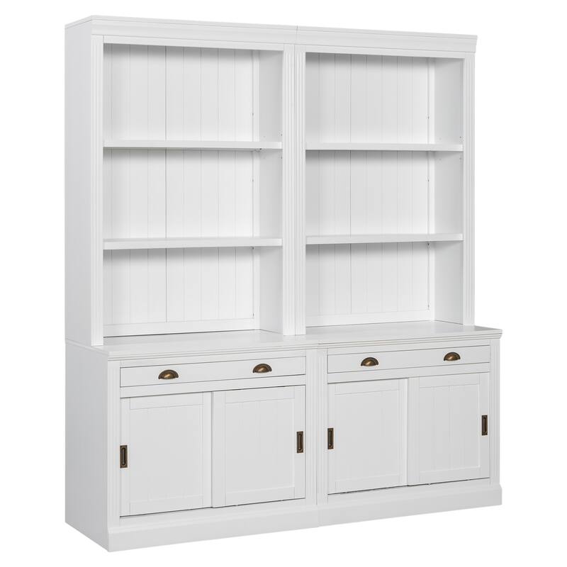 2-Piece Freestanding Bookcase Set, 83.4" Tall Storage Bookshelf with LED Lights, Sliding Doors, Drawer & Open Shelves