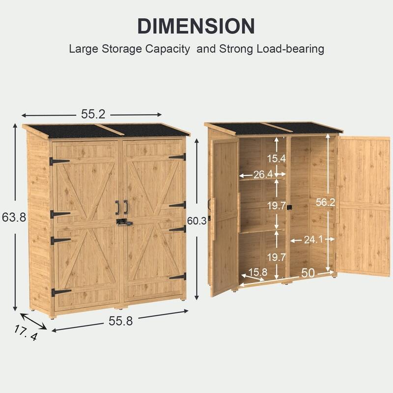 Outdoor Storage Cabinet with 3 Shelves, Wooden Garden Shed with Waterproof Roof