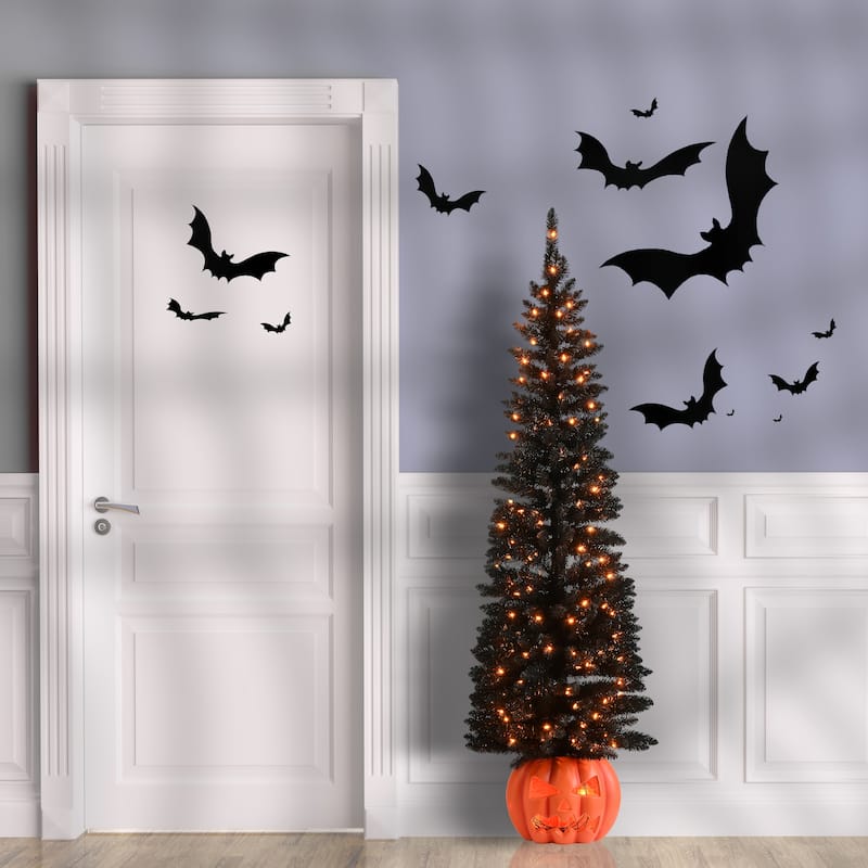 National Tree Company Halloween Pre-Lit Artificial Halloween Tree, Evergreen, LED Lights, Includes Pumpkin Base, 6 Feet