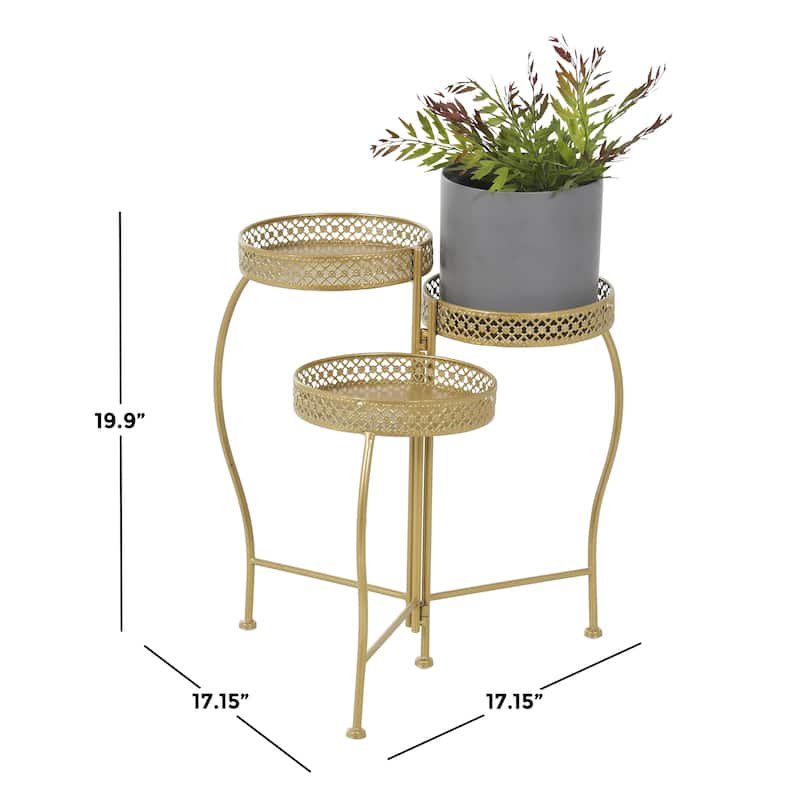 Metal Curved Folding 3 Tier Indoor Outdoor Plantstand with Floral and Scroll Patterns - Gold, Black, Silver - Roche River Decor