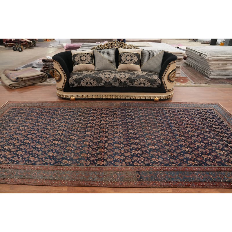Hand Knotted Oriental 100% Wool Carpet Traditional Floral Navy Blue & Blues Malayer Area Rug - 13' 6'' X 6' 11''