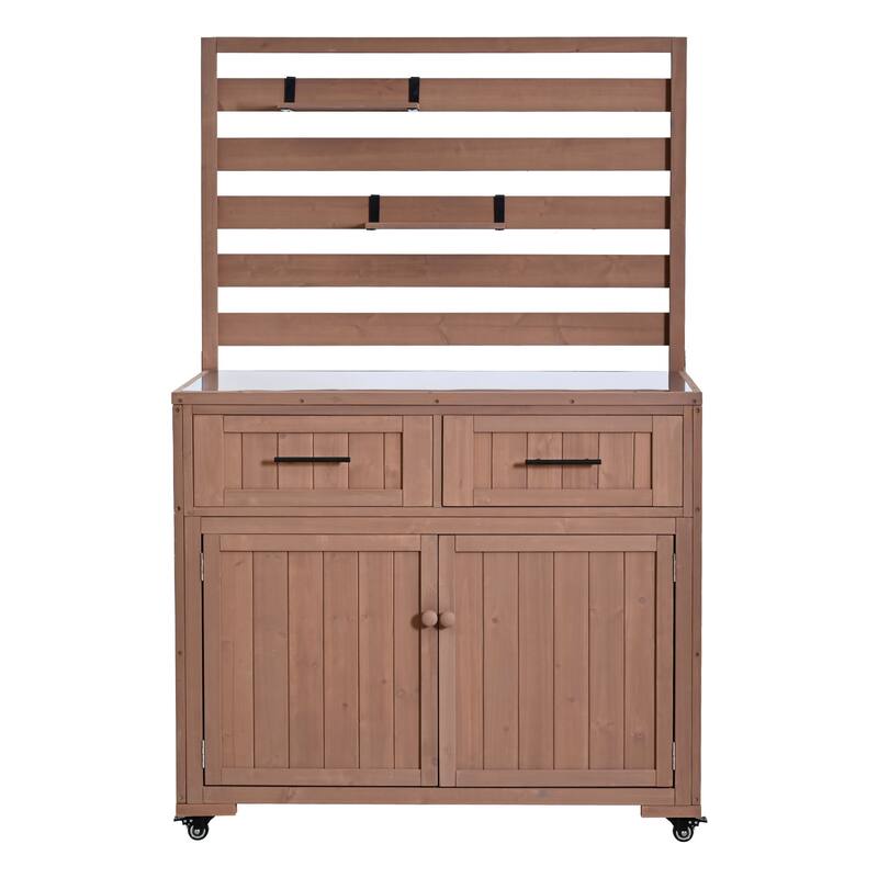 Solid Wood 64.9''Tall Outdoor Kitchen Island Kitchen Cart, Garden Potting Bench with Stainless Table Top for BBQ