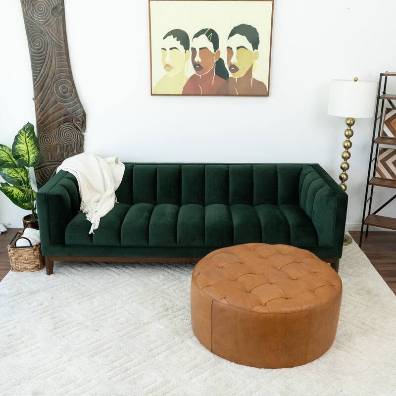 Salvador Mid Century Round Genuine Leather Ottoman in Tan