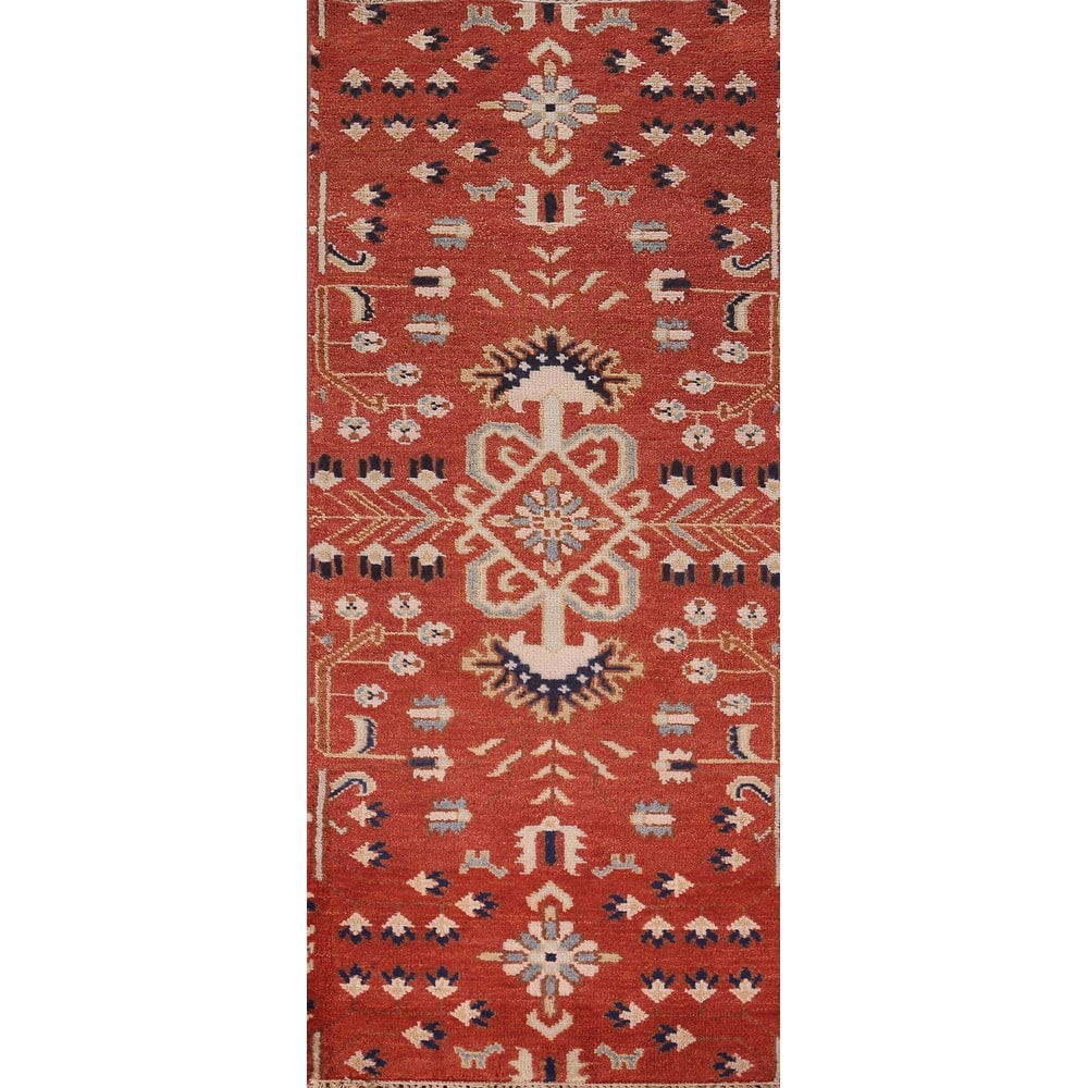 All-Over Orange Kazak Oriental Runner Rug Hand-Knotted Wool Carpet - 2'8"x 7'9"