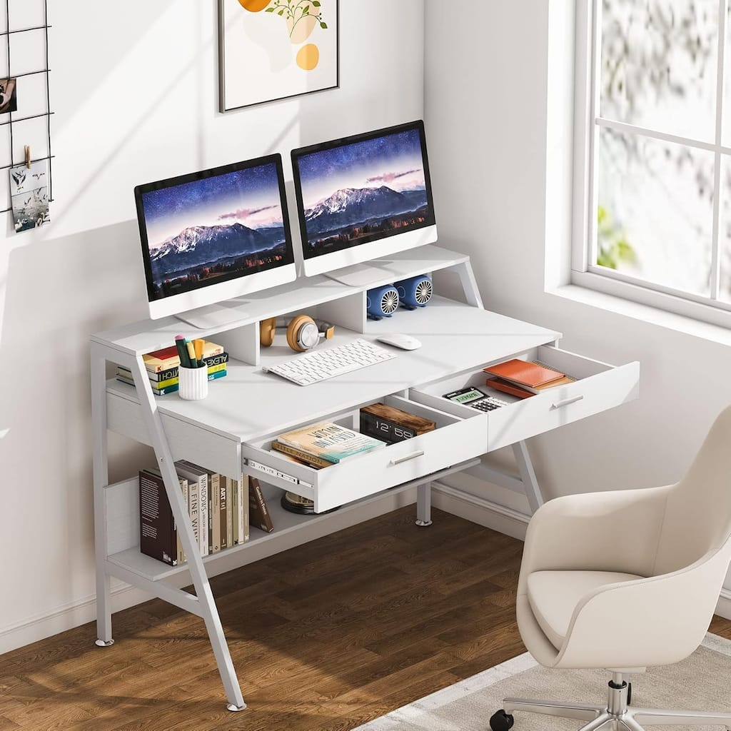 47-Inch White MDF Computer Desk with Shelves & Drawers, Modern Office Writing Desk with Monitor Stand Riser