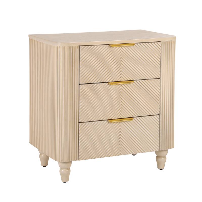 Mid-Century Fluted 3-Drawer Nightstand - Curved Profile + Wide Gold Glossy Handles, Easy Assembly Bedside/End Table (Champagne)