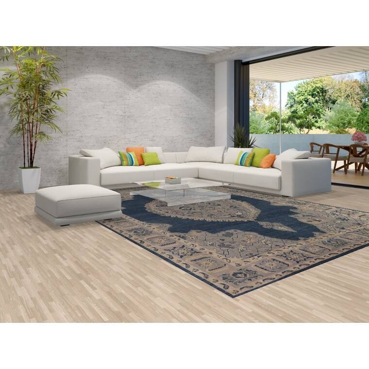 Blue Geometric Oushak Large Rug Hand-Knotted Wool Carpet - 9'10"x 13'10"