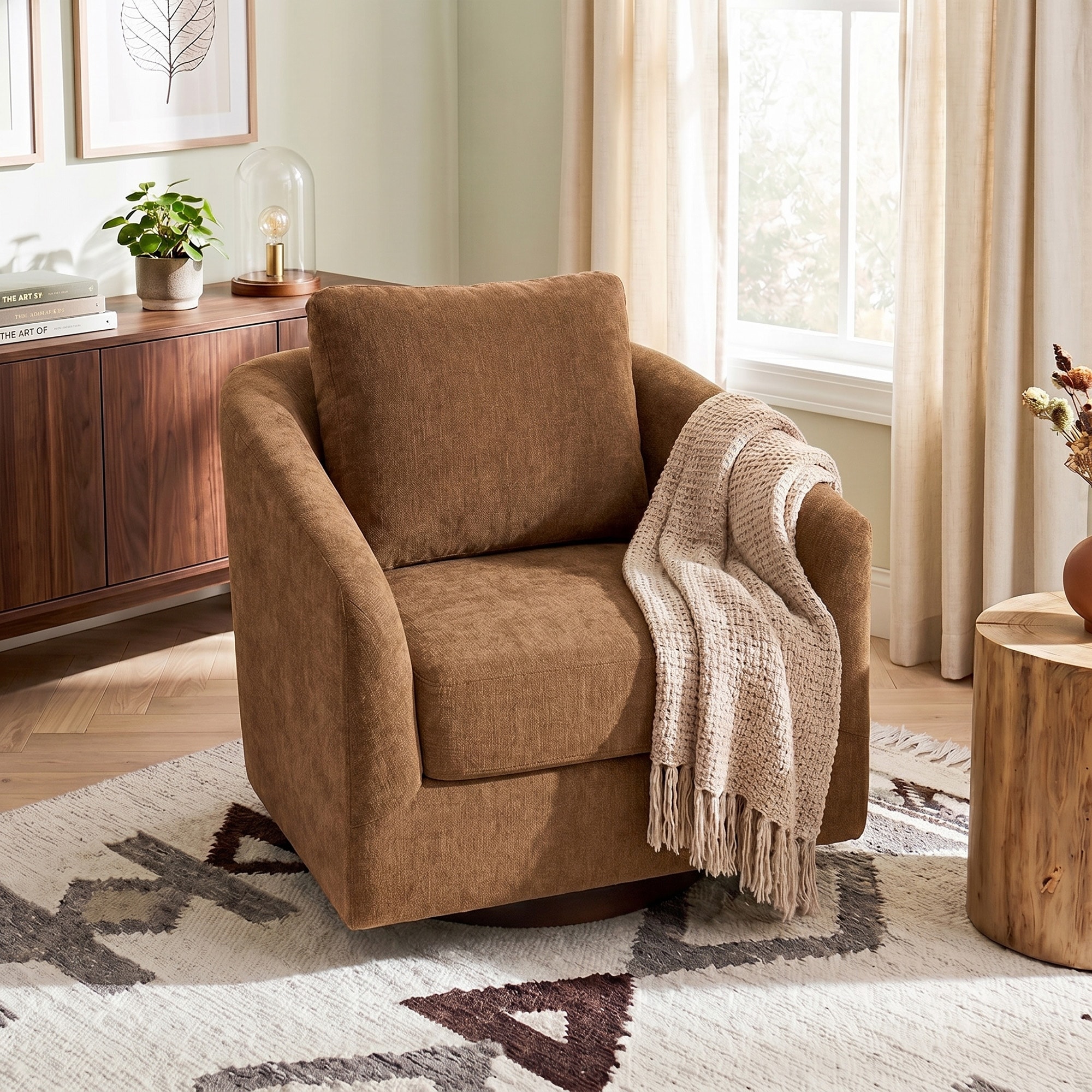 Chenille Swivel Accent Chair With Solid Wood Frame