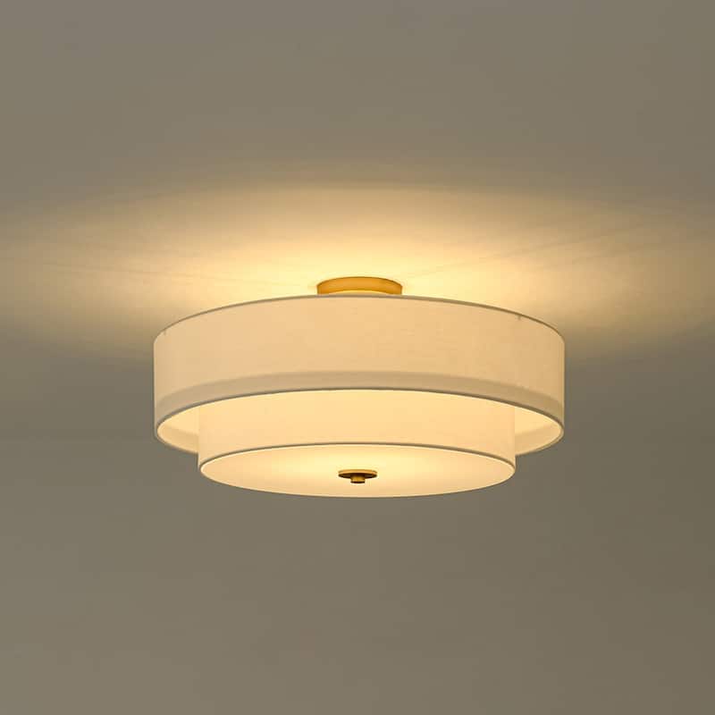 French Country Brass Round White Linen Drum Ceiling Light