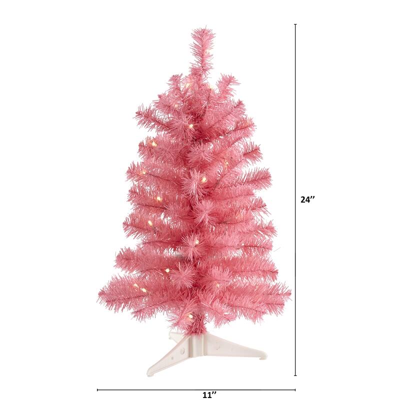2' Pre-Lit Pink Artificial Christmas Tree, Warm Clear LED Lights - 2 Foot