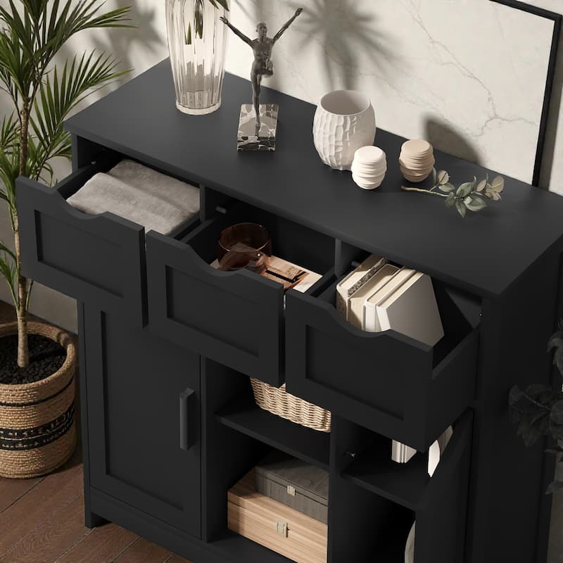 Wooden Storage Cabinet with Drawers and Adjustable Shelves, Floor Accent Cabinet for Living Room Bedroom