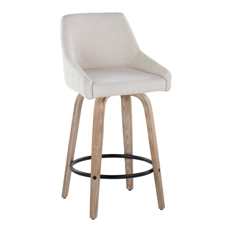 The Gray Barn Hadley 26" Fixed-Height Upholstered Counter Stool with Bent Wood Legs & Round Footrest (Set of 2) - Cream Fabric/Whitewashed/Black Metal