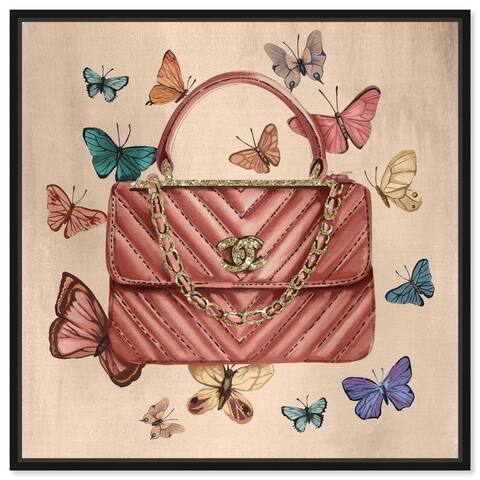 "Vintage Butterflies Glam Bag", Luxury French Bag Glam Pink Framed Canvas Wall Art Print for Bedroom