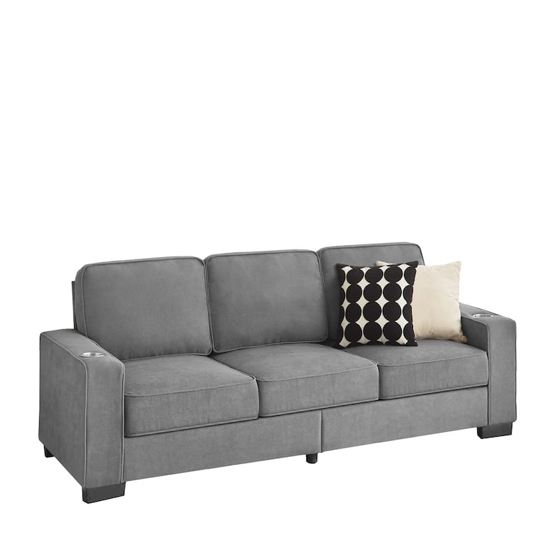 84.25" Velvet 3-Seater Sofa, Armrest Cup Holders and Spring Cushions