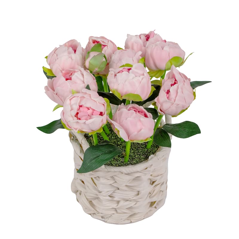 National Tree Company 10 in. Light Pink Peony Flower Bouquet in White Basket - 10 in