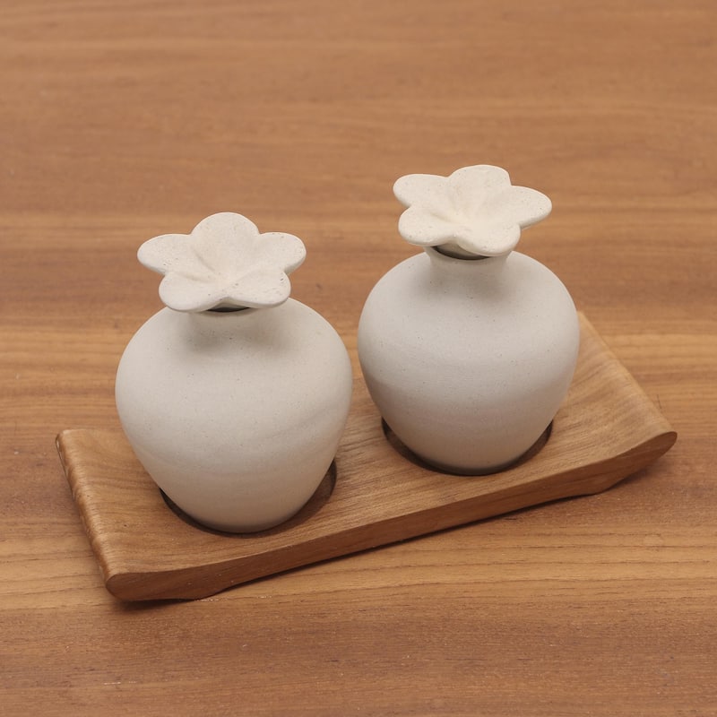 Novica Handmade Blooming Frangipani Ceramic And Teak Wood Bathroom Set