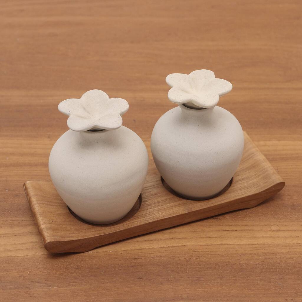 Novica Handmade Blooming Frangipani Ceramic And Teak Wood Bathroom Set