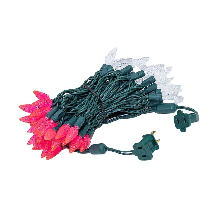 70 Light C6 LED Christmas Mini Light Set, Pink/Pure White, Green Wire, 24 Feet - Large