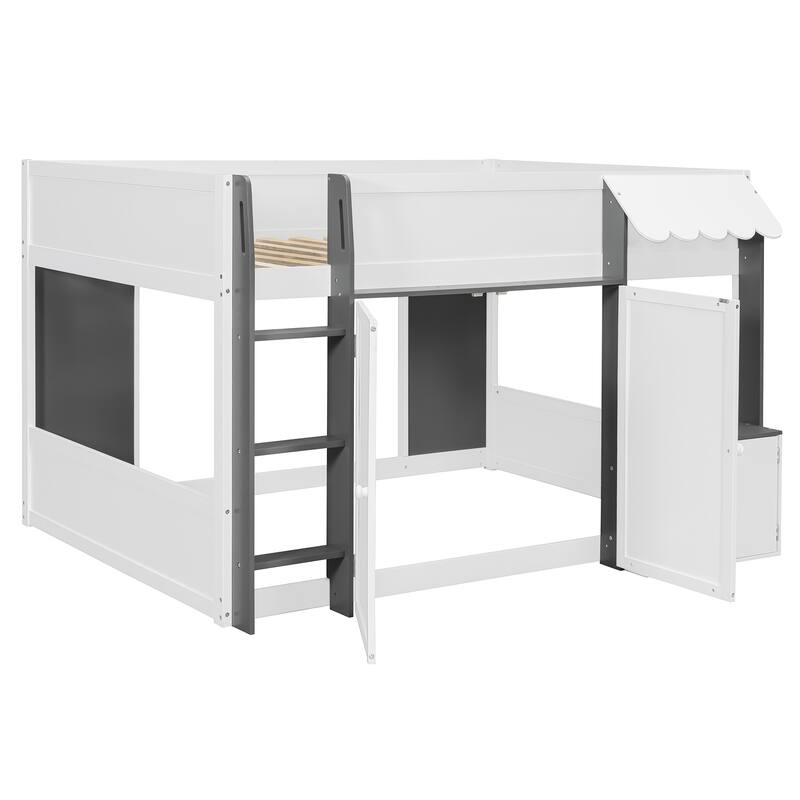 Roomfitters Full Loft House Bed with Playhouse and Storage Cabinets, Modern Wood Cabin Sleeper