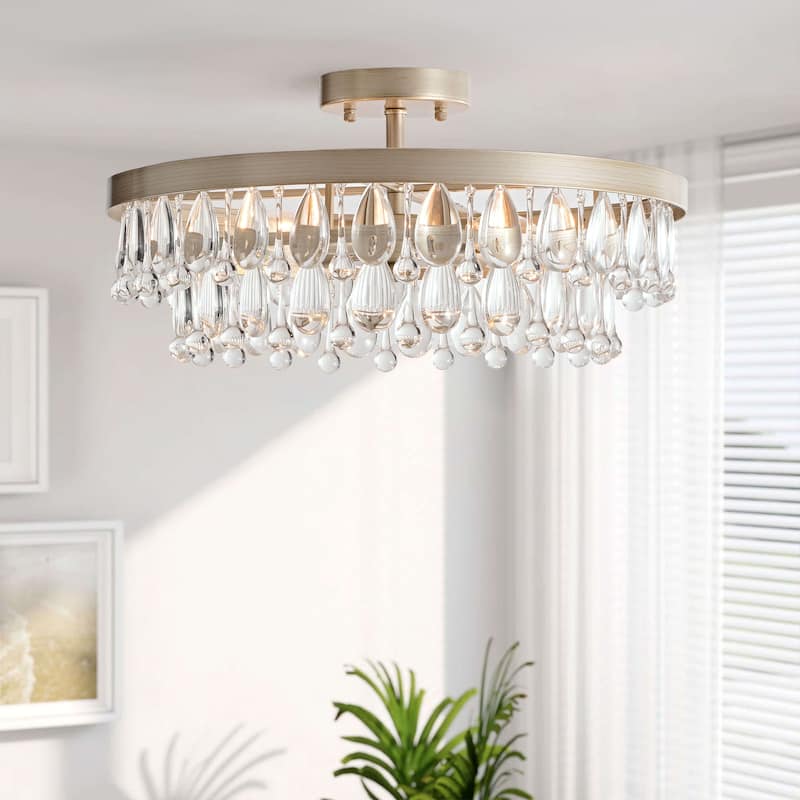 Viviana 4-light Crystal Teardrop Round Flush Mount - Brushed Champagne Silver