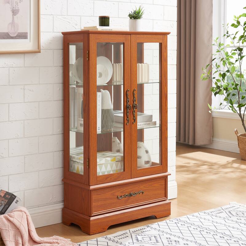 Glass Cabinet Lighted Glass Cabinet Curio Display Cabinet With Adjustable Glass Shelves 2 Doors And 1 Drawer Cabinet