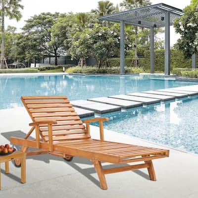 Chic Teak Bahama Teak Wood Pool and Patio Lounger with Pull Out Side Table