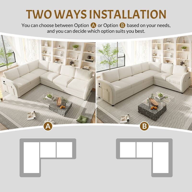 115" L-Shaped Sectional with Pull-Out Bed, USB Ports & Side Pockets, King Size Upholstered Bed