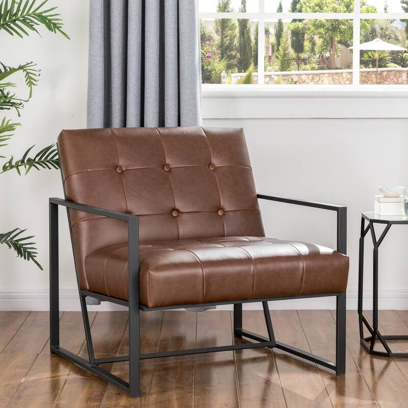 Glitzhome 29.50"W Mid-Century PU Leather Tufted Accent Chair - 29.5"W x 30.5"H x 29.25"D - Brown