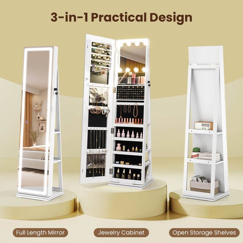 Costway 360° Swivel Jewelry Cabinet with Lighted Full Length Mirror & - See Details