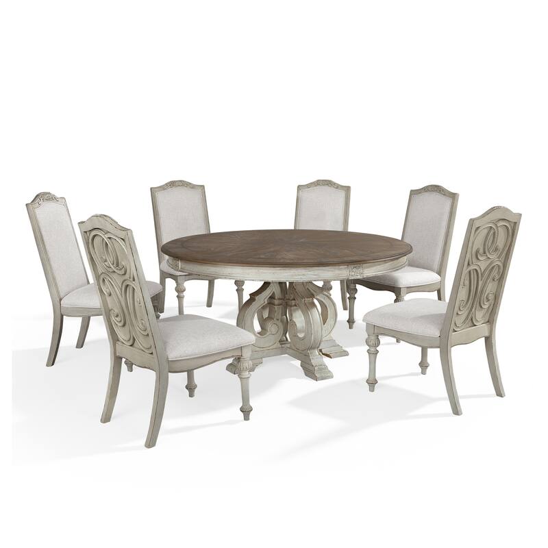 Caelum Farmhouse White Fabric Upholstered 7-Piece Round Dining Set By The Gray Barn