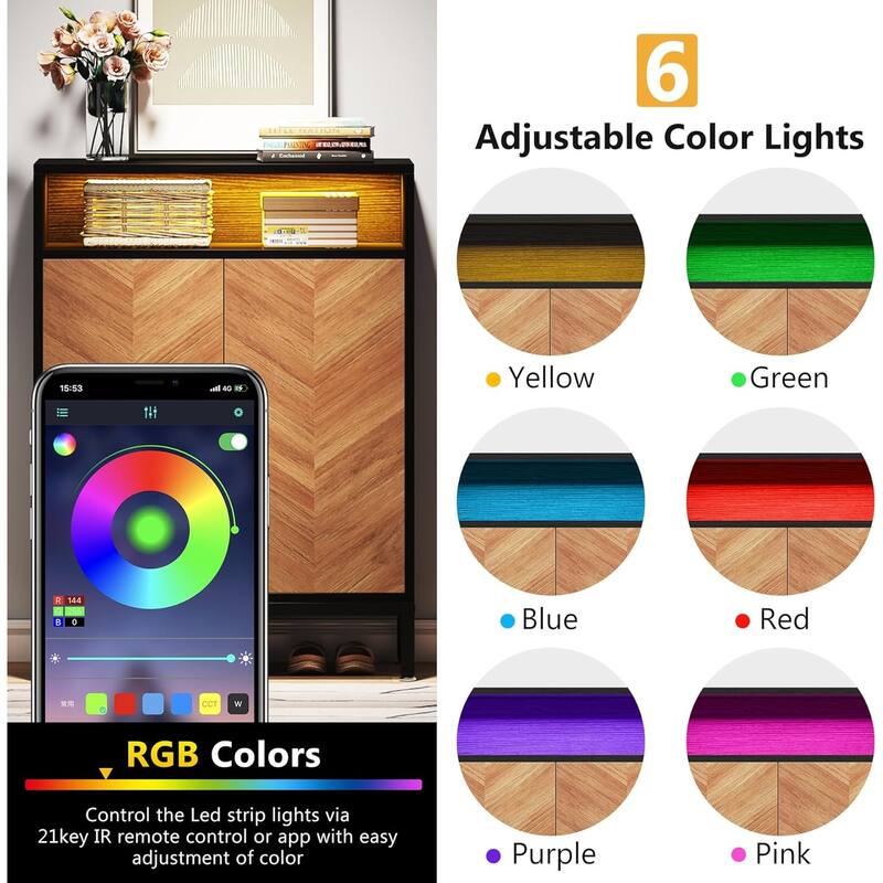 Shoe Cabinet with Doors and Led Light, 16 Pairs Entryway Shoe Storage Cabinet for Closet, Living Room