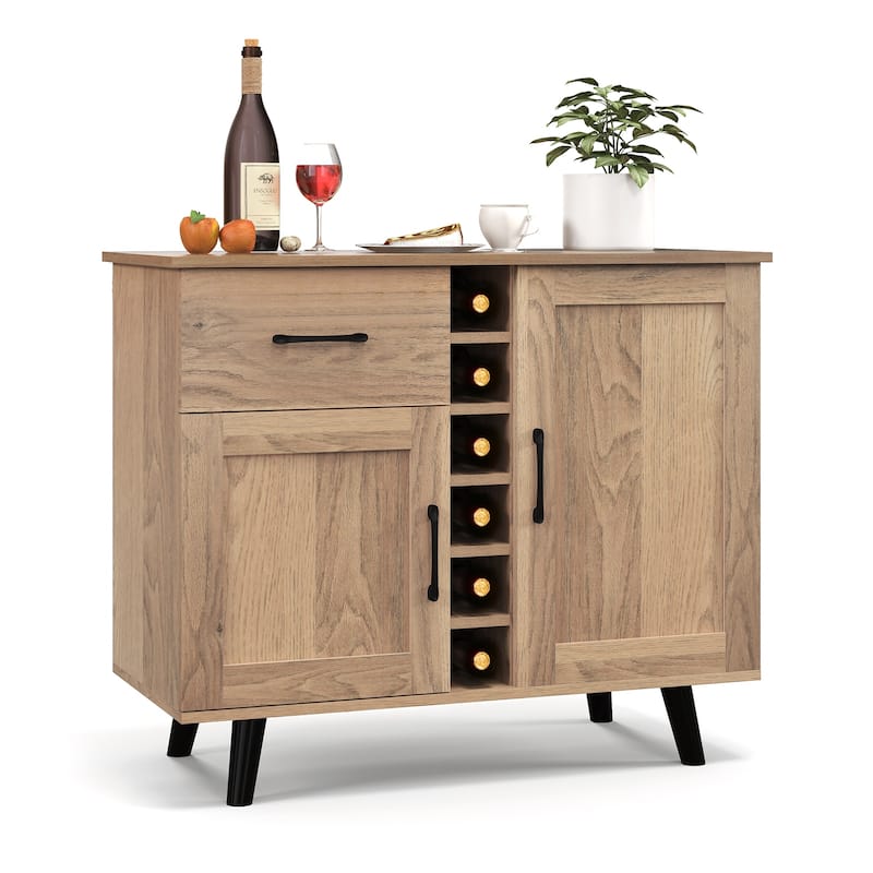 Costway 2-Door Wine Bar Cabinet Kitchen Sideboard Buffet with Drawer & - See Details - Natural