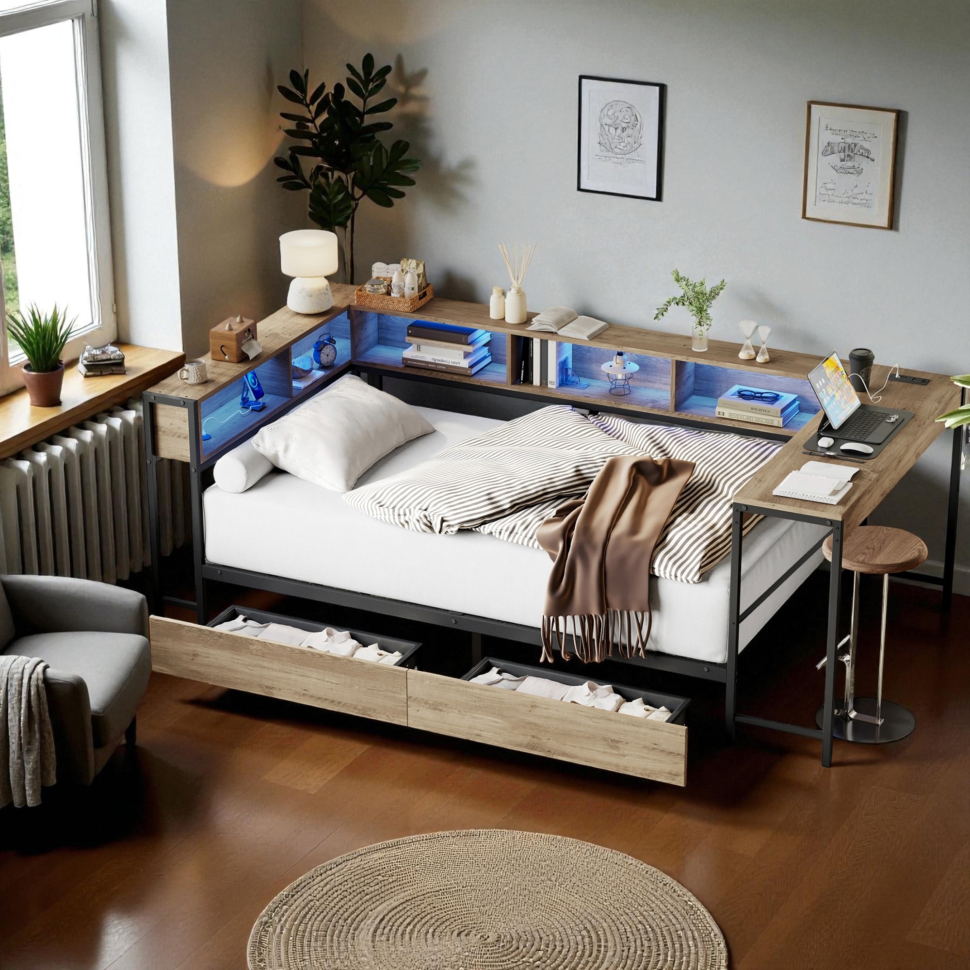 Full Size Corner Bed Frame with Bookcase, Storage Drawers, LED Lights, USB Charging Station, Reversible Daybed