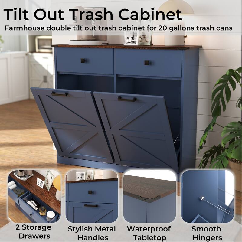 Farmhouse Double Tilt Out Trash Cabinet for Two 10 Gallon Bins, Barn Door Recycling Cabinet with Drawer Storage