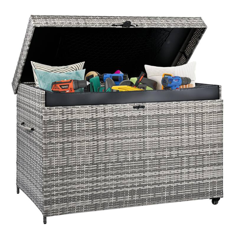 230 Gallon Wicker Deck Box with Wheels,All-Weather Outdoor Storage Box,Rattan Storage Bin - N/A